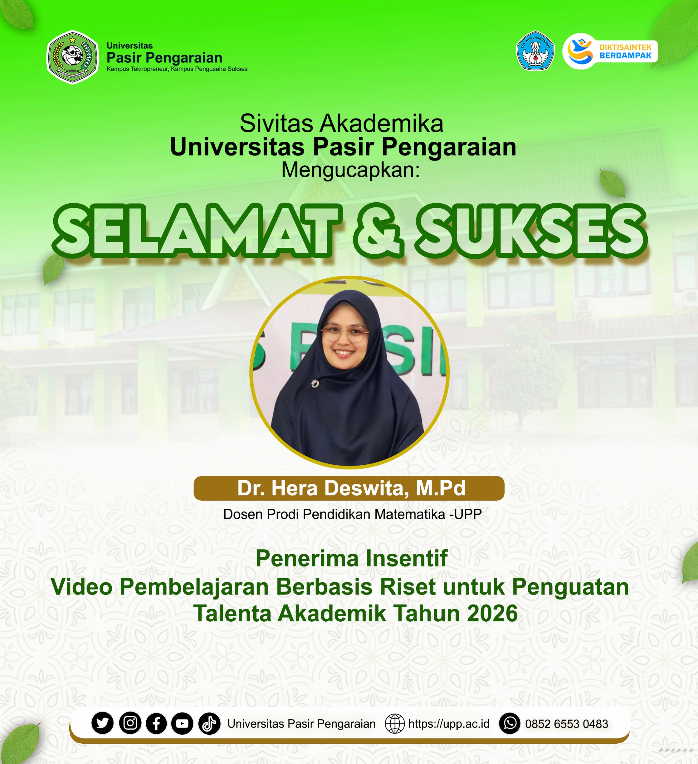 Bangga! Dosen Pendidikan Matematika UPP Dr. Hera Deswita Raih Insentif Video Pembelajaran Berbasis Riset Tahun 2026